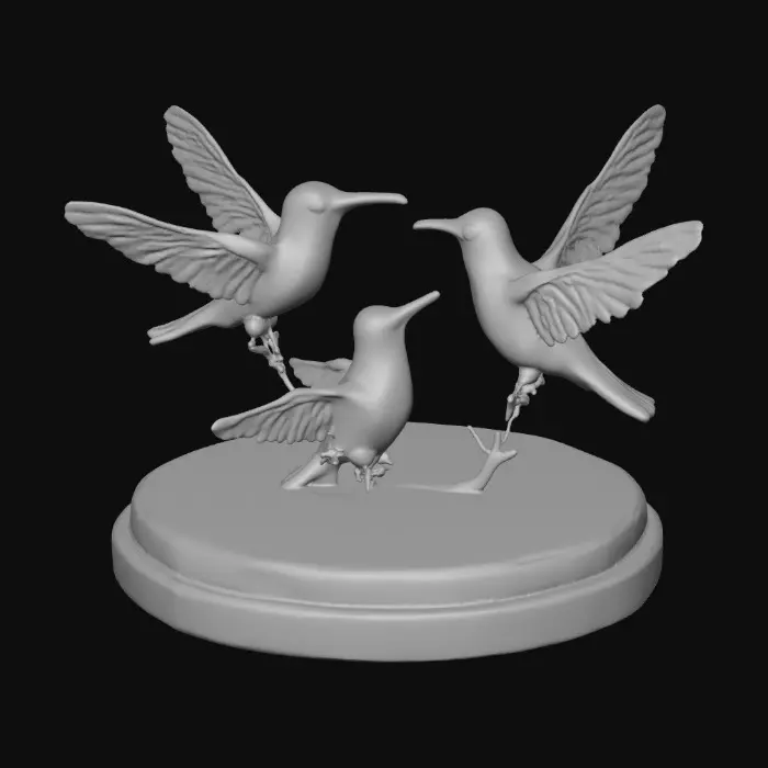 3D model for 3 hummingbirds form a circular pedestal.  Extremely detailed carved elaborately embossed hummingbirds pedestal sitting on a round base. Masterpiece of art. Iridescencent ivory with 14 gold highlights. Hummingbird decor in colors of 14k gold, ab dark aqua/ab purple/ab green, and iridescent rosy pink. A masterpiece of art nuevo detailed and highly embossed