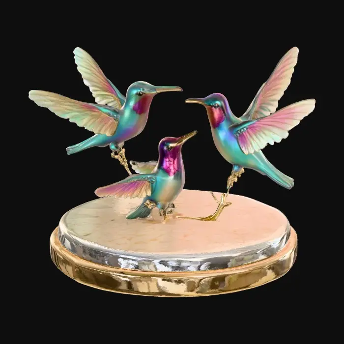 3D model for 3 hummingbirds form a circular pedestal.  Extremely detailed carved elaborately embossed hummingbirds pedestal sitting on a round base. Masterpiece of art. Iridescencent ivory with 14 gold highlights. Hummingbird decor in colors of 14k gold, ab dark aqua/ab purple/ab green, and iridescent rosy pink. A masterpiece of art nuevo detailed and highly embossed