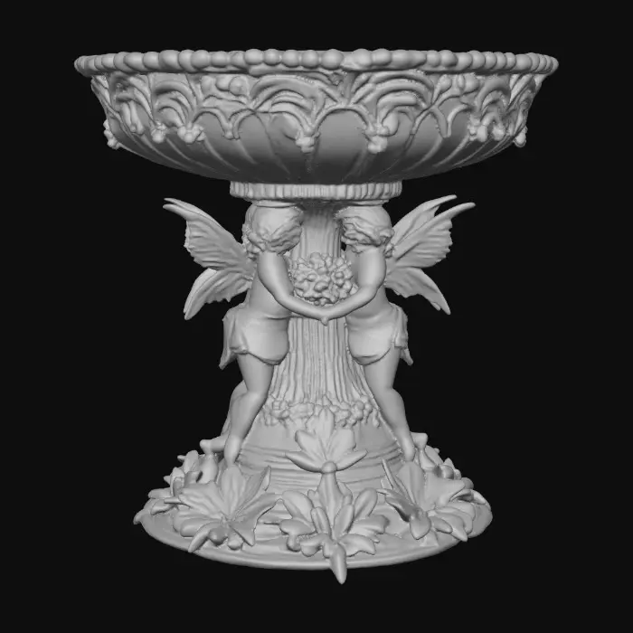 3D model for A pedestal comprised of small fairies that are holding a bowl shapped base above their heads. The complete design is on a 3 inch round base. Victorian, Extravagant, elaborately embossed design. A masterpiece of art nouveau, lush botanicals are interwoven into the design