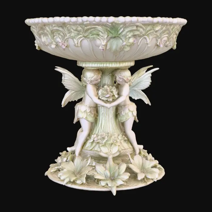 3D model for A pedestal comprised of small fairies that are holding a bowl shapped base above their heads. The complete design is on a 3 inch round base. Victorian, Extravagant, elaborately embossed design. A masterpiece of art nouveau, lush botanicals are interwoven into the design
