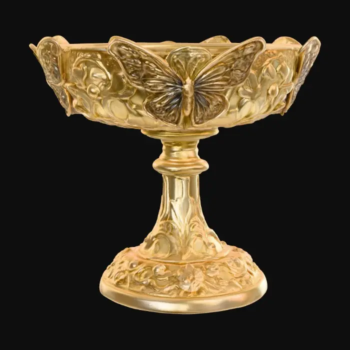 3D model for A pedestal comprised of three butterflies that are holding a bowl shapped base above their wings. The complete design is on a 3 inch round base. Victorian, Extravagant, elaborately embossed design. A masterpiece of art nouveau, lush botanicals are interwoven into the design