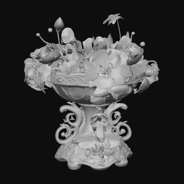 3D model for An elaborately designed pestal with a small bowl shapped base on top. The pedestal sits on a 3 inch base plate. The entire design is a masterpiece of art comprised of lush botanical, florals. Elements of Rocco, art nuevo era. Colors representing the victorian era.