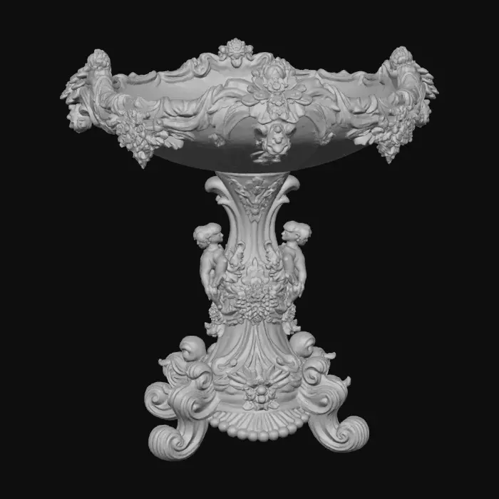 3D model for An elaborately designed pestal with a small bowl shapped base on top. The pedestal sits on a 3 inch base plate. The entire design is a masterpiece of art comprised of lush botanical, florals, cherubs and birds. Elements of Rocco, art nuevo era. Colors representing the victorian era.
