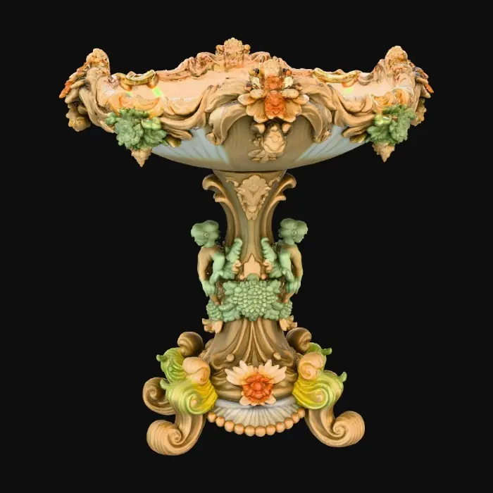 3D model for An elaborately designed pestal with a small bowl shapped base on top. The pedestal sits on a 3 inch base plate. The entire design is a masterpiece of art comprised of lush botanical, florals, cherubs and birds. Elements of Rocco, art nuevo era. Colors representing the victorian era.