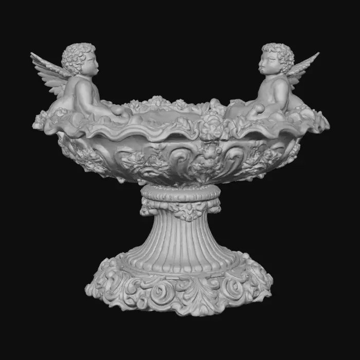 3D model for An elaborately designed pestal with a small bowl shapped base on top. The pedestal sits on a 3 inch base plate. The entire design is a masterpiece of art comprised of lush botanical, florals, cherubs and birds. Elements of Rocco, art nuevo era. Colors representing the victorian era.