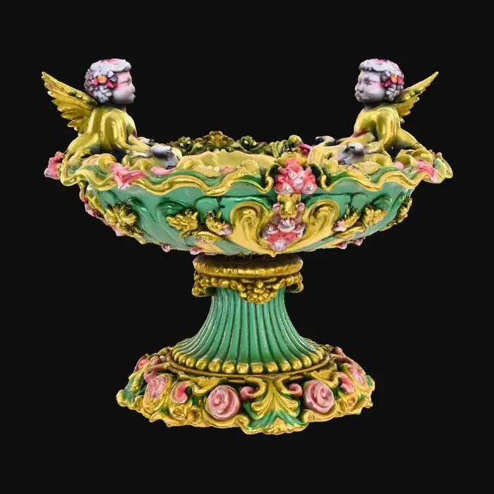 3D model for An elaborately designed pestal with a small bowl shapped base on top. The pedestal sits on a 3 inch base plate. The entire design is a masterpiece of art comprised of lush botanical, florals, cherubs and birds. Elements of Rocco, art nuevo era. Colors representing the victorian era.