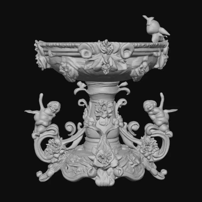3D model for An elaborately designed pestal with a small bowl shapped base on top. The pedestal sits on a 3 inch base plate. The entire design is a masterpiece of art comprised of lush botanical, florals, cherubs and birds. Elements of Rocco, art nuevo era. Colors representing the victorian era.