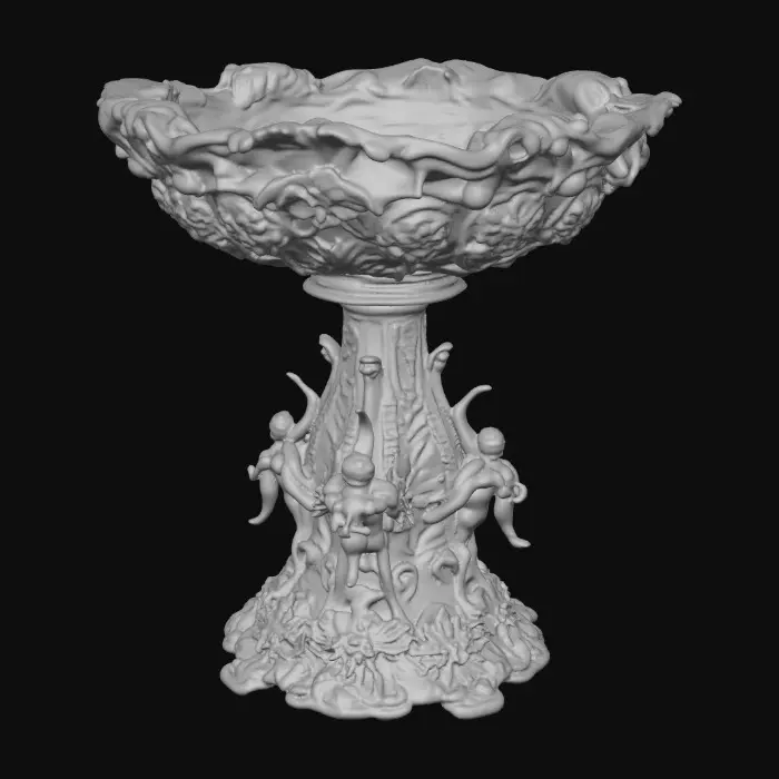 3D model for An elaborately designed pestal with a small bowl shapped base on top. The pedestal sits on a 3 inch base plate. The entire design is a masterpiece of art comprised of lush botanical, florals, cherubs and birds. Elements of Rocco, art nuevo era. Colors representing the victorian era.