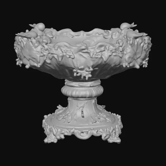 3D model for An elaborately designed pestal with a small bowl shapped base on top. The pedestal sits on a 3 inch base plate. The entire design is a masterpiece of art comprised of lush botanical, florals, cherubs and birds. Elements of Rocco, art nuevo era. Colors representing the victorian era.