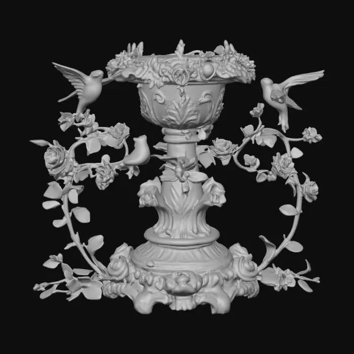 3D model for An elaborately designed pestal with a small bowl shapped base on top. The pedestal sits on a 3 inch base plate. The entire design is a masterpiece of art comprised of lush botanical, florals, cherubs and birds. Elements of Rocco, art nuevo era. Colors representing the victorian era.