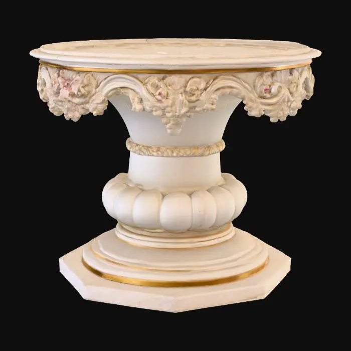 3D model for Very Ornate, round , Pedestal, small indentation in the center of the top surface. flowers with vines, early French Rocco influences, full colors, Vintage gold #Thanksgiving#
