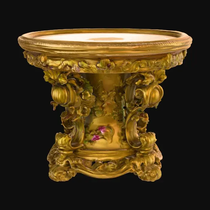 3D model for Very Ornate, round , Pedestal, small indentation in the center of the top surface. flowers with vines, early French Rocco influences, full colors, Vintage gold #Thanksgiving#