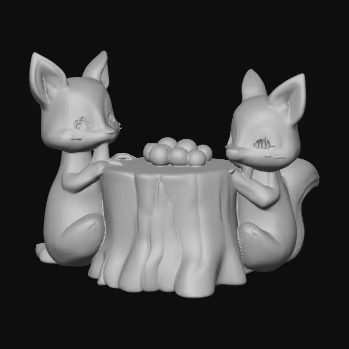 3D model for A 3D image of chibi-style woodland creatures sitting around a tree stump made into a table, sharing a meal of nuts and berries, all facing the camera, cute features, highly detailed, highly stylized, bold and thick details optimized for 3D printing. Bright colors. White background., #Thanksgiving#
