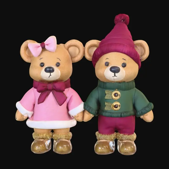 3D model for Girl and boy christmas party teddy bears. Dressed in colors of pink, burgundy, pine green, and gold. , #Christmas2025#