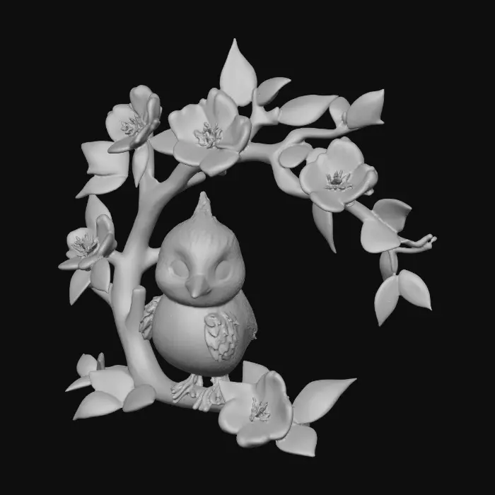 3D model for A precious baby bird with detailed feather texture is perched on a tree branch adorned with vibrant blossoms. An arching branch extends gracefully above the bird, creating a natural frame. Vibrant colors.