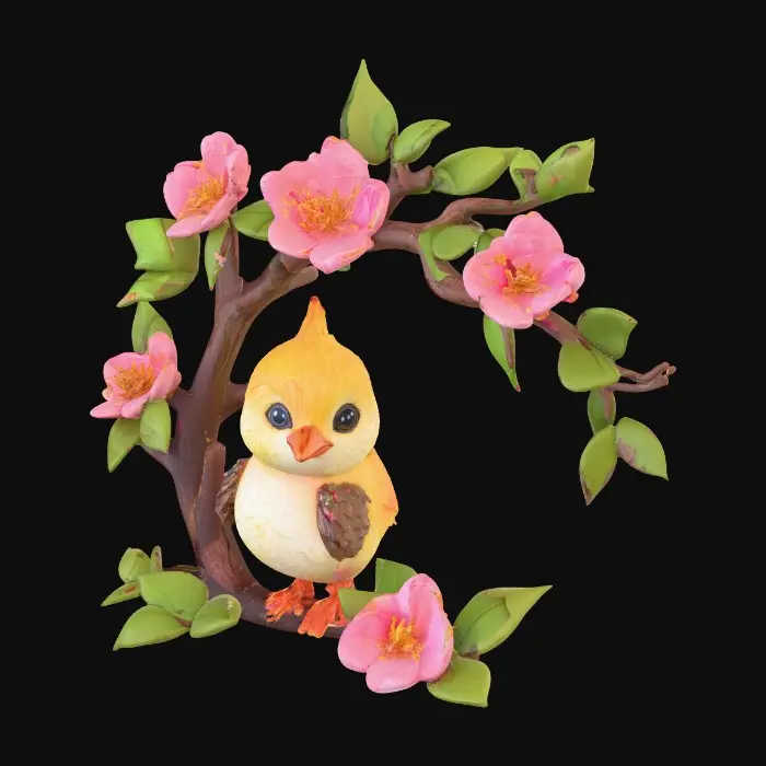 3D model for A precious baby bird with detailed feather texture is perched on a tree branch adorned with vibrant blossoms. An arching branch extends gracefully above the bird, creating a natural frame. Vibrant colors.