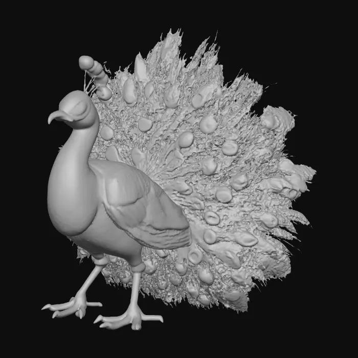 3D model for Ceramic flamboyant young peacock displaying a fantastical extravagant tail of bright colorful feathers. Layers of textures. Highly stylized art.