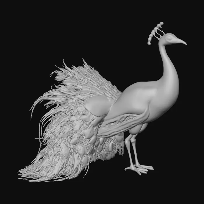 3D model for A flamboyant young peacock displaying a fantastical extravagant tail of bright, shimmering, colorful feathers, intricately detailed with layers of iridescent textures. Highly stylized illustration in the exquisite, jeweled, and ornate style of Jay Strongwater, featuring vibrant jewel-toned colors, flowing Art Nouveau lines, illuminated by soft, diffused, ambient lighting that accentuates the iridescence.