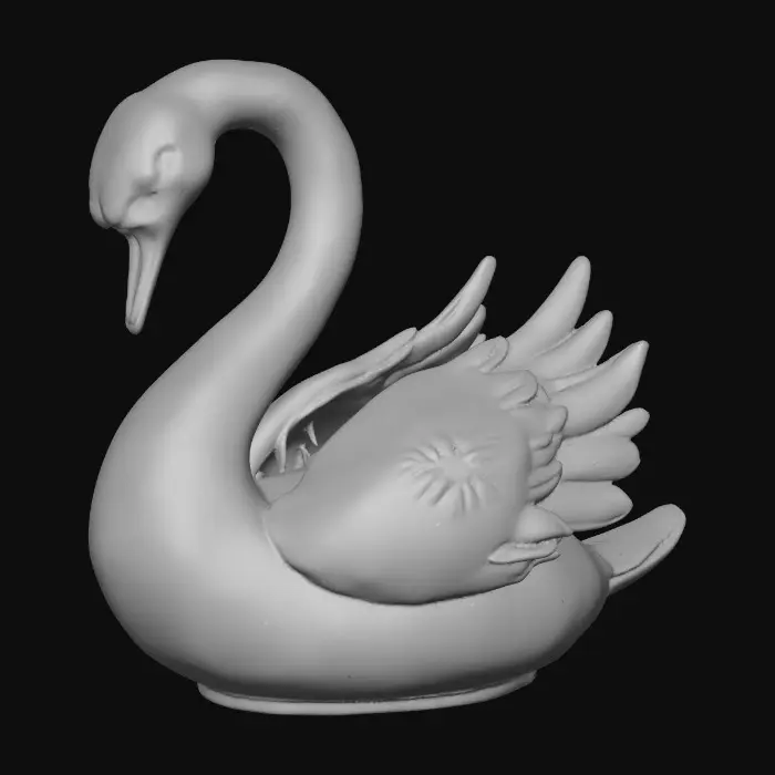 3D model for A delicate porcelain figurine displayed against a pristine, crisp white background, exuding elegance and refinement. At the center stands a thick, ornate etched porcelain arbor with intricate detailing and a glossy finish. Resting gracefully on the arbor’s base is a luxurious cloisonné swan, adorned with vibrant enamel patterns in rich jewel tones and fine gold accents, adding a touch of opulence to the composition. The highlighting enhances the textures and craftsmanship of each element while maintaining a serene, minimalist atmosphere.