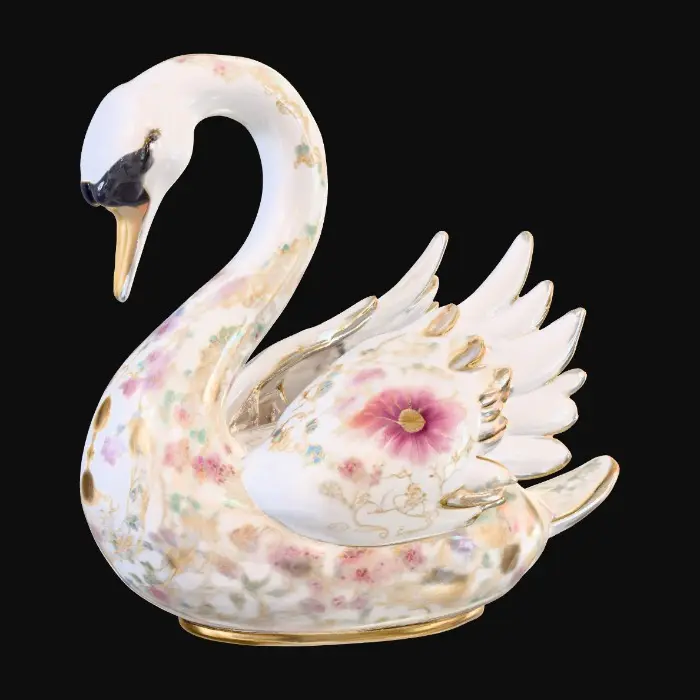 3D model for A delicate porcelain figurine displayed against a pristine, crisp white background, exuding elegance and refinement. At the center stands a thick, ornate etched porcelain arbor with intricate detailing and a glossy finish. Resting gracefully on the arbor’s base is a luxurious cloisonné swan, adorned with vibrant enamel patterns in rich jewel tones and fine gold accents, adding a touch of opulence to the composition. The highlighting enhances the textures and craftsmanship of each element while maintaining a serene, minimalist atmosphere.