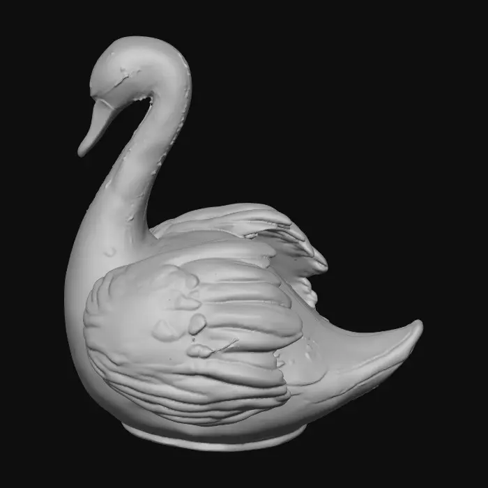 3D model for A delicate porcelain figurine displayed against a pristine, crisp white background, exuding elegance and refinement. At the center stands a thick, ornate etched porcelain arbor with intricate detailing and a glossy finish. Resting gracefully on the arbor’s base is a luxurious cloisonné swan, adorned with vibrant enamel patterns in rich jewel tones and fine gold accents, adding a touch of opulence to the composition. The highlighting enhances the textures and craftsmanship of each element while maintaining a serene, minimalist atmosphere.