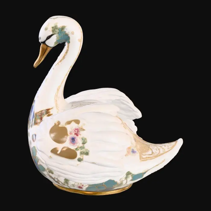 3D model for A delicate porcelain figurine displayed against a pristine, crisp white background, exuding elegance and refinement. At the center stands a thick, ornate etched porcelain arbor with intricate detailing and a glossy finish. Resting gracefully on the arbor’s base is a luxurious cloisonné swan, adorned with vibrant enamel patterns in rich jewel tones and fine gold accents, adding a touch of opulence to the composition. The highlighting enhances the textures and craftsmanship of each element while maintaining a serene, minimalist atmosphere.