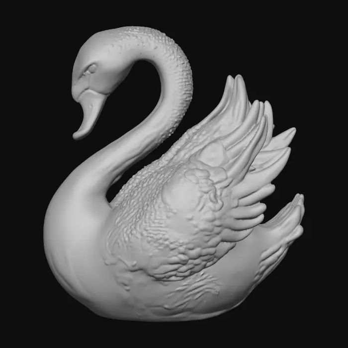 3D model for A delicate porcelain figurine displayed against a pristine, crisp white background, exuding elegance and refinement. At the center stands a thick, ornate etched porcelain arbor with intricate detailing and a glossy finish. Resting gracefully on the arbor’s base is a luxurious cloisonné swan, adorned with vibrant enamel patterns in rich jewel tones and fine gold accents, adding a touch of opulence to the composition. The highlighting enhances the textures and craftsmanship of each element while maintaining a serene, minimalist atmosphere.