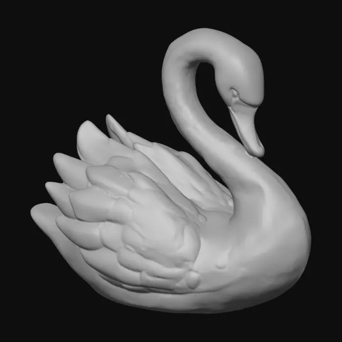 3D model for A delicate porcelain figurine displayed against a pristine, crisp white background, exuding elegance and refinement. At the center stands a thick, ornate etched porcelain arbor with intricate detailing and a glossy finish. Resting gracefully on the arbor’s base is a luxurious cloisonné swan, adorned with vibrant enamel patterns in rich jewel tones and fine gold accents, adding a touch of opulence to the composition. The highlighting enhances the textures and craftsmanship of each element while maintaining a serene, minimalist atmosphere.