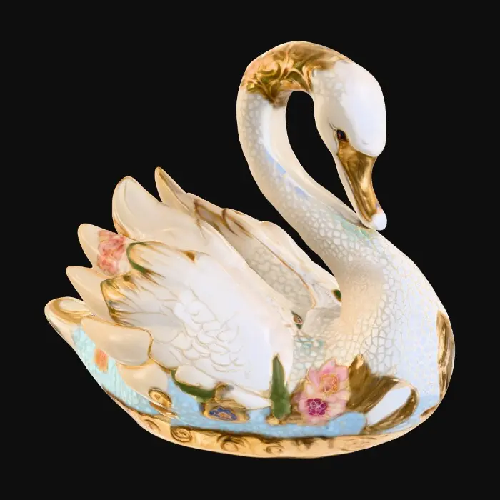 3D model for A delicate porcelain figurine displayed against a pristine, crisp white background, exuding elegance and refinement. At the center stands a thick, ornate etched porcelain arbor with intricate detailing and a glossy finish. Resting gracefully on the arbor’s base is a luxurious cloisonné swan, adorned with vibrant enamel patterns in rich jewel tones and fine gold accents, adding a touch of opulence to the composition. The highlighting enhances the textures and craftsmanship of each element while maintaining a serene, minimalist atmosphere.
