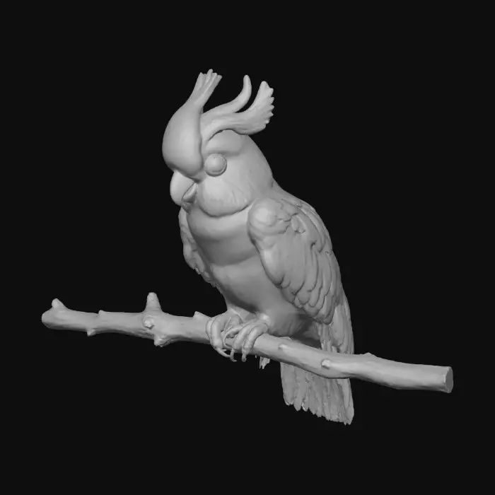 3D model for A precious baby Cockatoo with highly detailed feather texture is perched on a tree branch adorned with vibrant blossoms. A single branch extends gracefully above the bird, creating a natural arched frame.