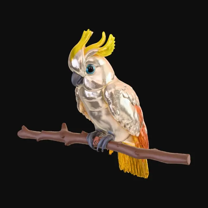 3D model for A precious baby Cockatoo with highly detailed feather texture is perched on a tree branch adorned with vibrant blossoms. A single branch extends gracefully above the bird, creating a natural arched frame.