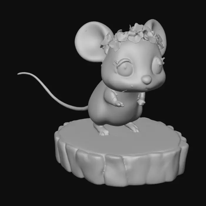 3D model for An adorable chibi cartoonish mouse wearing a crown of tiny flowers. Standing on a round slice of natural wood. Suitable for 3d model printing.