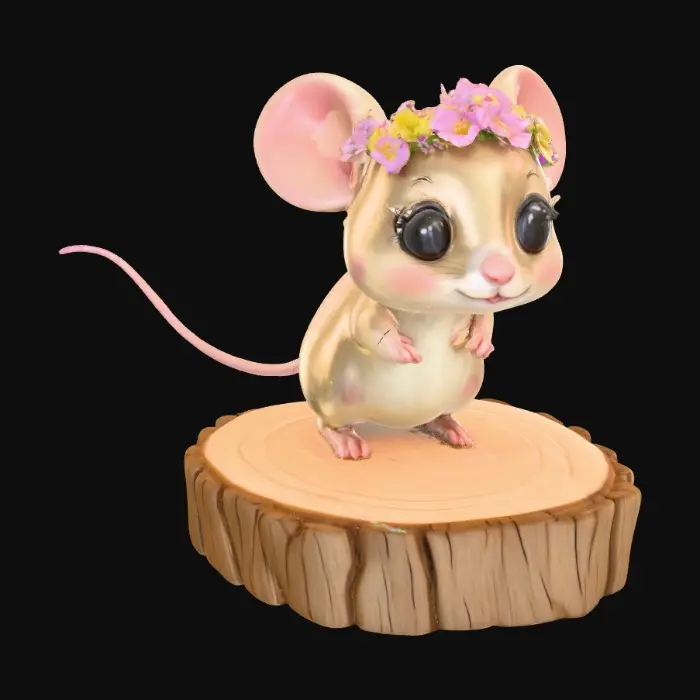 3D model for An adorable chibi cartoonish mouse wearing a crown of tiny flowers. Standing on a round slice of natural wood. Suitable for 3d model printing.