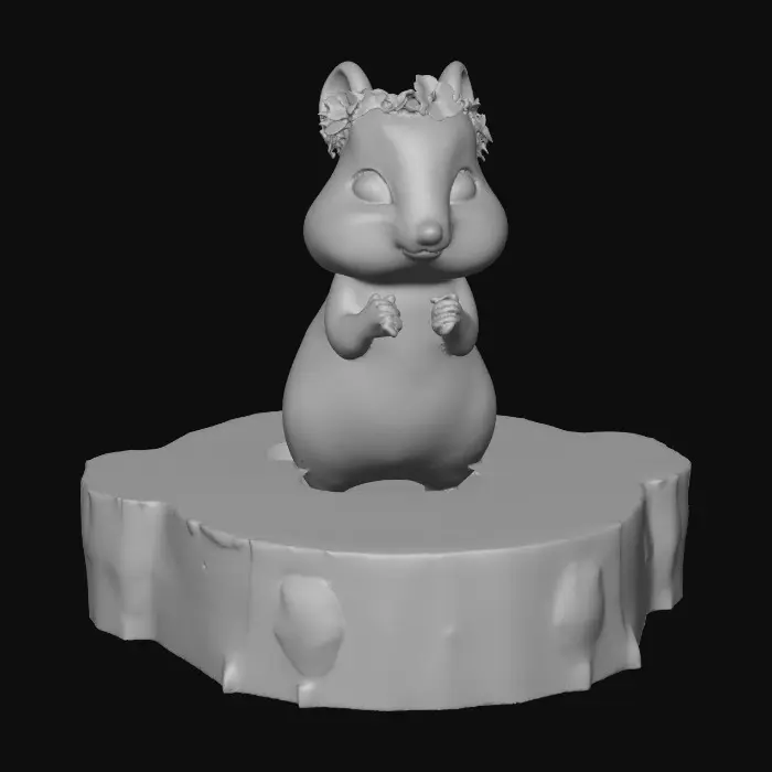 3D model for An adorable chibi cartoonish chipmunk wearing a crown of tiny flowers. Standing on a round slice of natural wood. Suitable for 3d model printing.