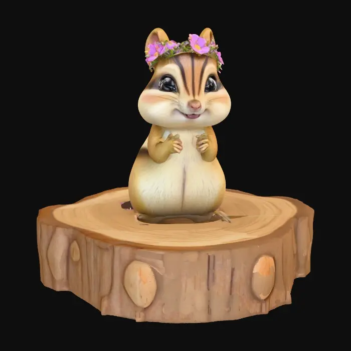 3D model for An adorable chibi cartoonish chipmunk wearing a crown of tiny flowers. Standing on a round slice of natural wood. Suitable for 3d model printing.