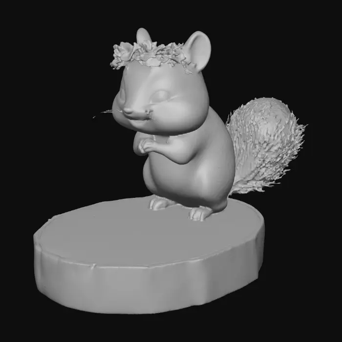 3D model for An adorable chibi cartoonish chipmunk wearing a crown of tiny flowers. Standing on a round slice of natural wood. Suitable for 3d model printing.
