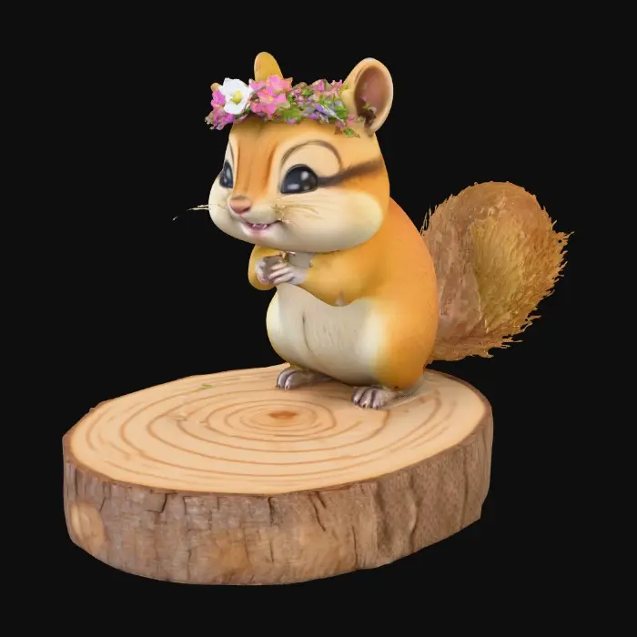 3D model for An adorable chibi cartoonish chipmunk wearing a crown of tiny flowers. Standing on a round slice of natural wood. Suitable for 3d model printing.