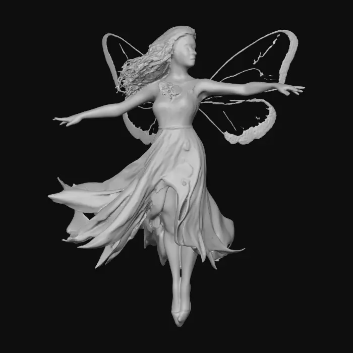 3D model for beautiful woodland fairies in a slow dance posture, the queen is adorned with wild flowers, she has a beautiful curvy figure, she has long wavy auburn hair. Her male partner is holding her by the waist and hand as they dance mid-air. The fairy couple have wings made of fine lace like porcelain. The scene is set against a plain white background 
Suitable for 3d printing