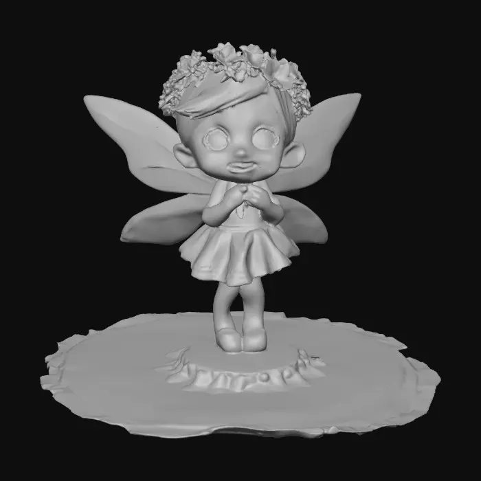 3D model for An adorable chibi cartoonish fairy sprite wearing a crown of tiny flowers. Standing on a round slice of natural wood. The fairy has head back laughing out loud. Suitable for 3d model printing.