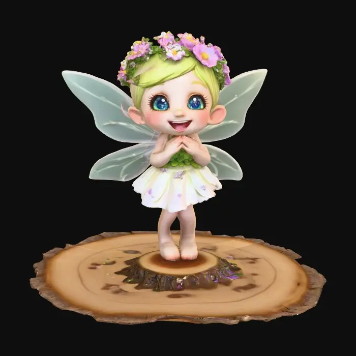 3D model for An adorable chibi cartoonish fairy sprite wearing a crown of tiny flowers. Standing on a round slice of natural wood. The fairy has head back laughing out loud. Suitable for 3d model printing.
