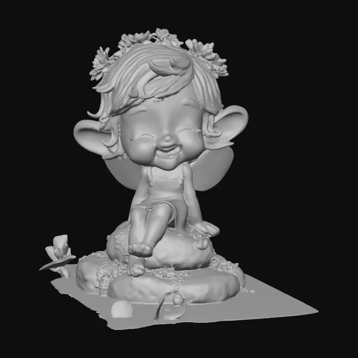 3D model for An adorable chibi cartoonish red-haired fairy wearing a crown of tiny flowers. Sitting on a round rocky base. The fairy has head back laughing out loud.   Suitable for 3d model printing.