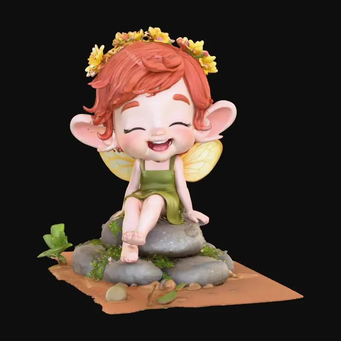 3D model for An adorable chibi cartoonish red-haired fairy wearing a crown of tiny flowers. Sitting on a round rocky base. The fairy has head back laughing out loud.   Suitable for 3d model printing.