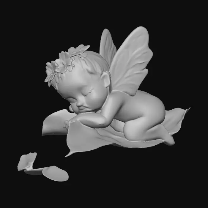 3D model for A beautiful delicate and highly detailed fairy baby with porcelain wings sleeps peacefully upon a fallen leaf that forms a soft cradle for the baby. The fairy wears a crown of colorful flowers.