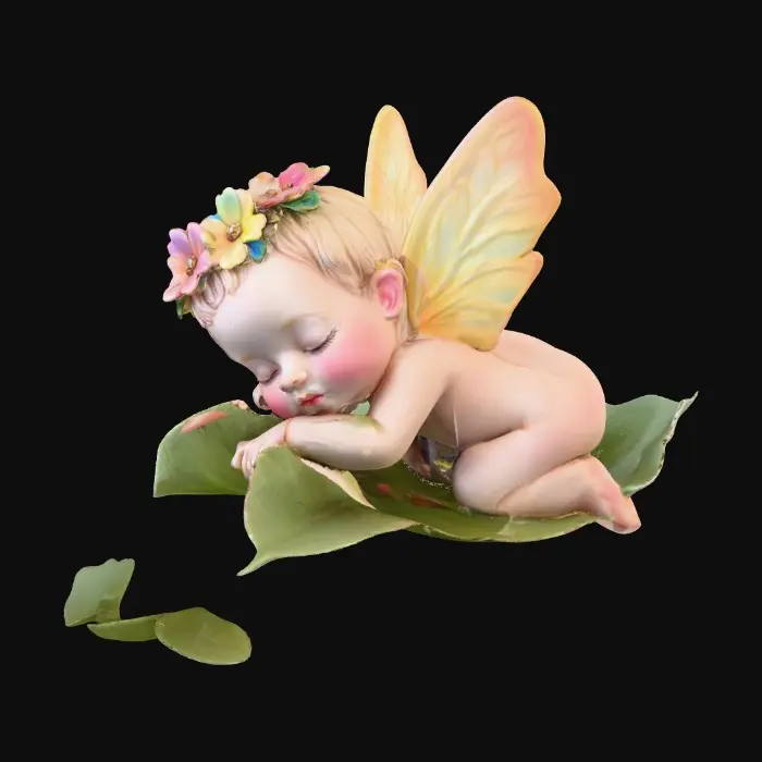 3D model for A beautiful delicate and highly detailed fairy baby with porcelain wings sleeps peacefully upon a fallen leaf that forms a soft cradle for the baby. The fairy wears a crown of colorful flowers.