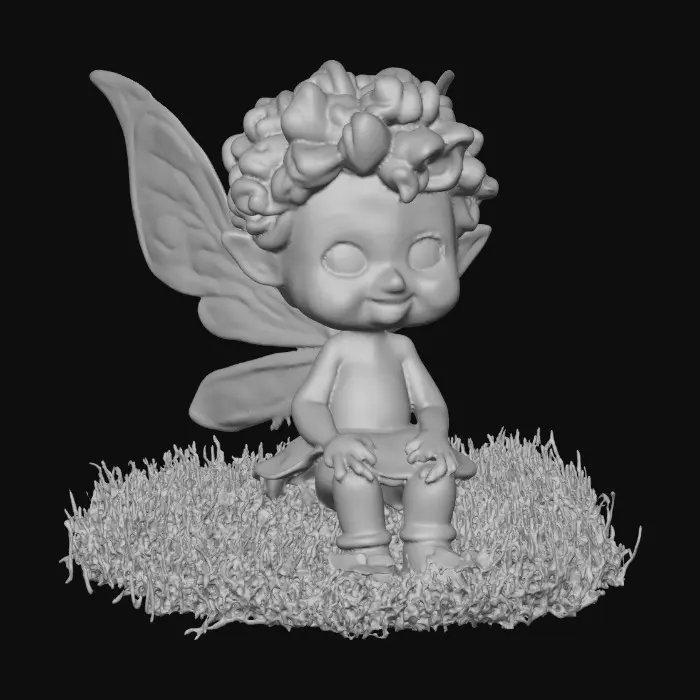 3D model for Ceramic figurine of a Chibi child like snowdrop fairy. Perfect facial features with well formed arms, hands, legs, & feet. Well defined wings. Fairy is sitting on a round patch of grass. Beautiful full wide smile. Twinkling large blue eyes. Wild Curly hair