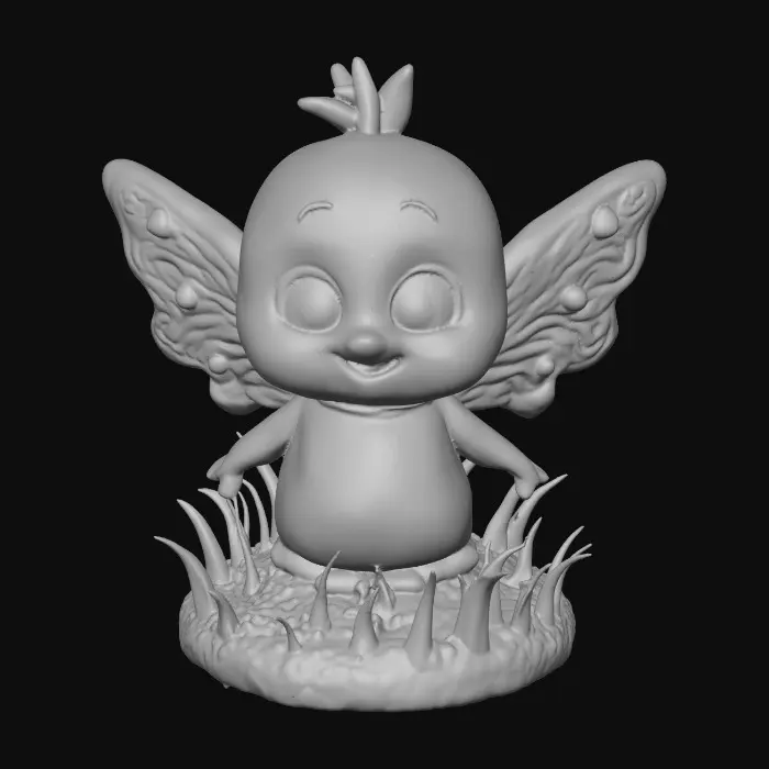 3D model for Ceramic figurine of a Chibi child like snowdrop fairy. Perfect facial features with well formed arms, hands, legs, & feet. Well defined wings. Fairy is sitting on a round patch of grass.