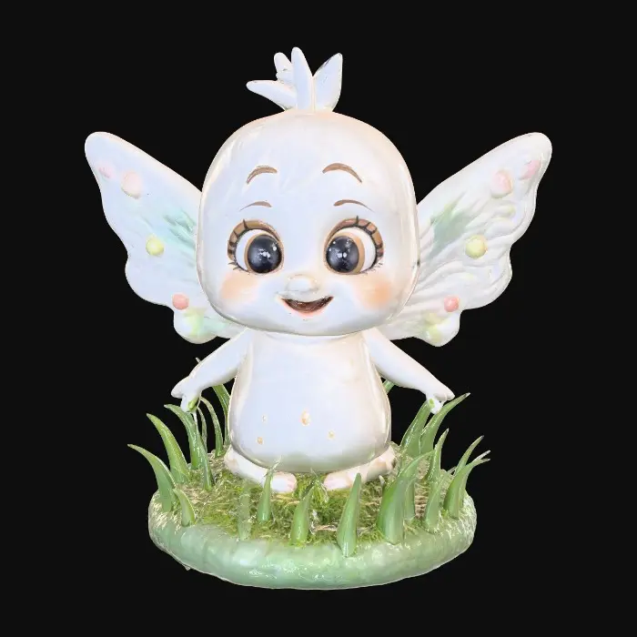 3D model for Ceramic figurine of a Chibi child like snowdrop fairy. Perfect facial features with well formed arms, hands, legs, & feet. Well defined wings. Fairy is sitting on a round patch of grass.