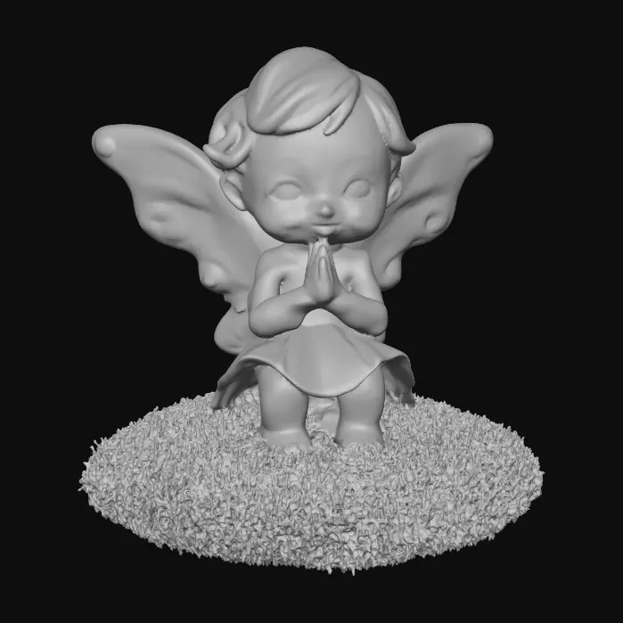 3D model for Ceramic figurine of a Chibi child like snowdrop fairy. Perfect facial features with well formed arms, hands, legs, & feet. Well defined wings. Fairy is sitting on a round patch of grass.
