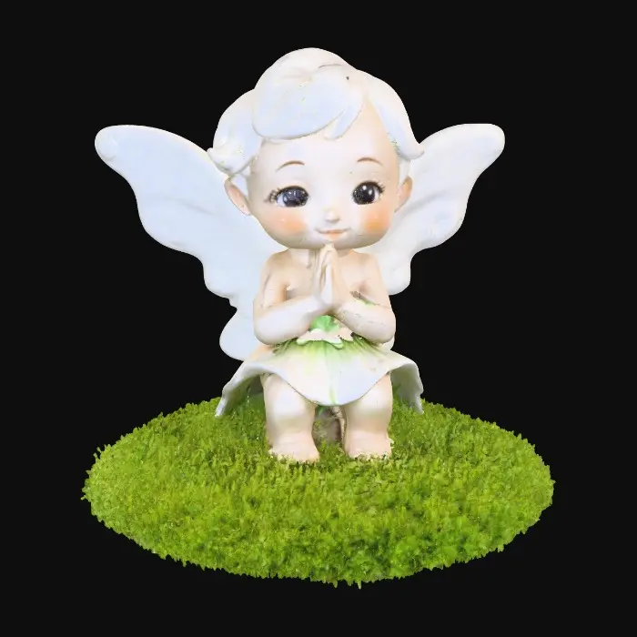 3D model for Ceramic figurine of a Chibi child like snowdrop fairy. Perfect facial features with well formed arms, hands, legs, & feet. Well defined wings. Fairy is sitting on a round patch of grass.