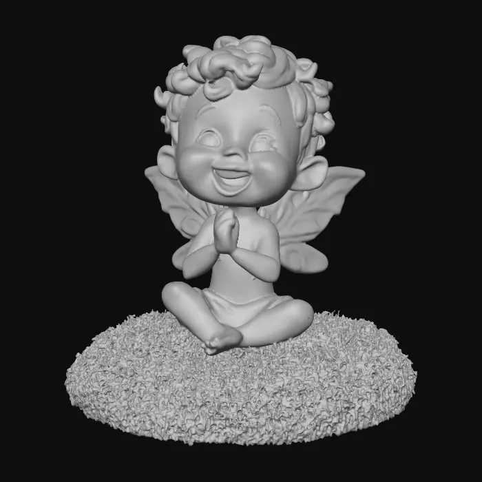 3D model for Ceramic figurine of a Chibi child like snowdrop fairy. Perfect facial features with well formed arms, hands, legs, & feet. Well defined wings. Fairy is sitting on a round patch of grass. Beautiful full wide smile laughing uncontrollably. Twinkling large blue eyes. Wild thick Curly hair